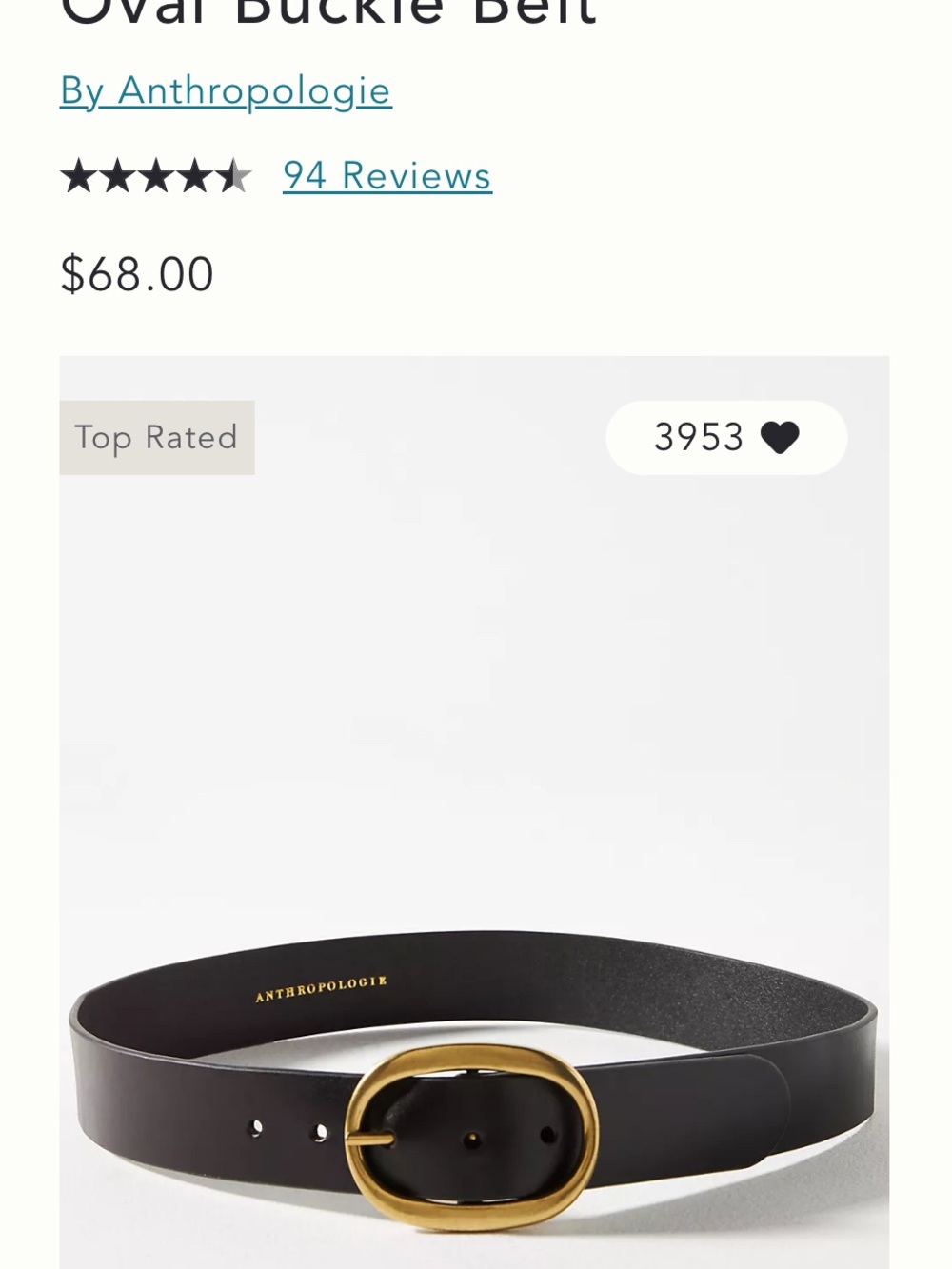 BNWT-Anthropologie Black Oval Buckle Leather Belt, size 3X